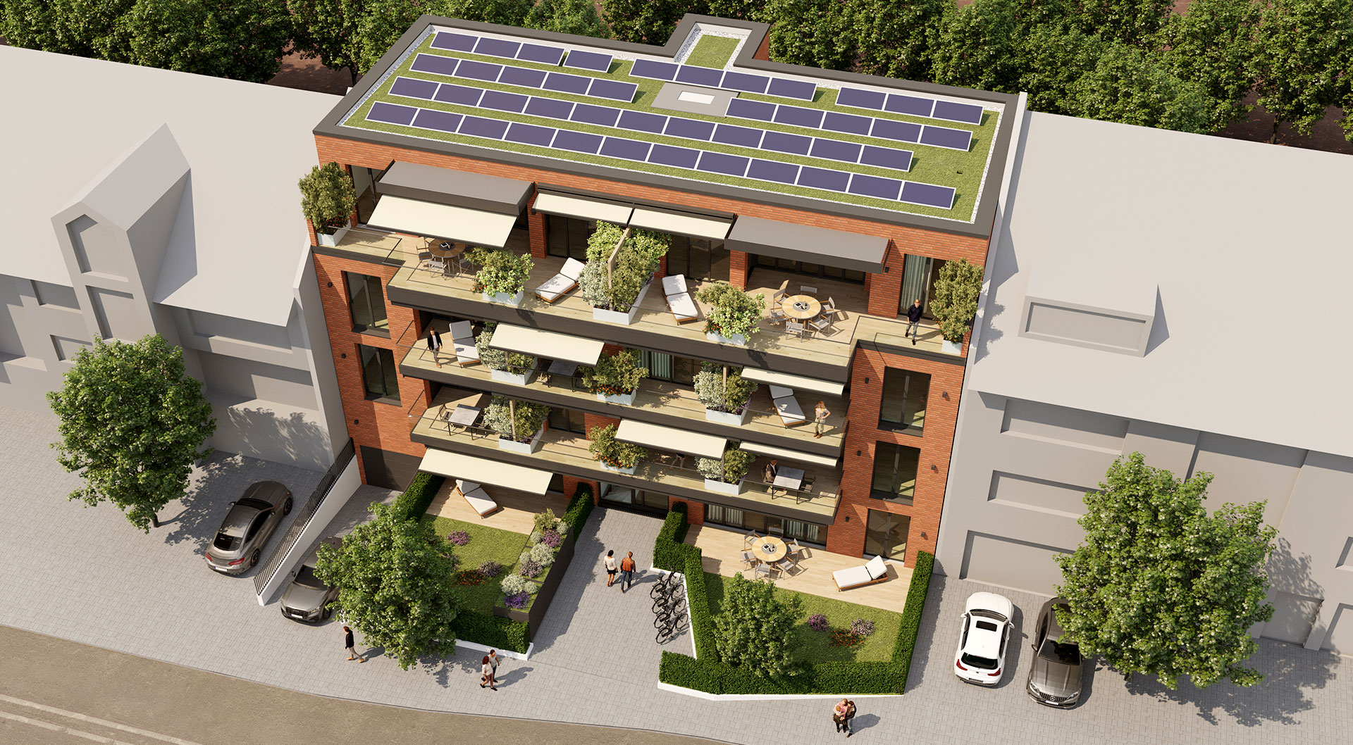 CASA SOLARE | Sicht auf das Dach des Hauses mit Begrünung und Solaranlage