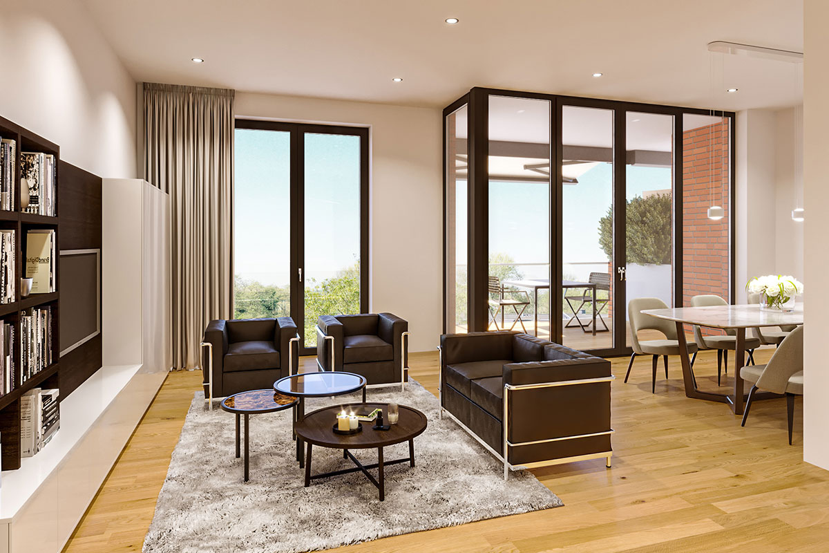 CASA SOLARE | Visualisierung Wohnbereich mit hochwertigen Möbeln und Blick auf Dachterrasse und ins Grüne