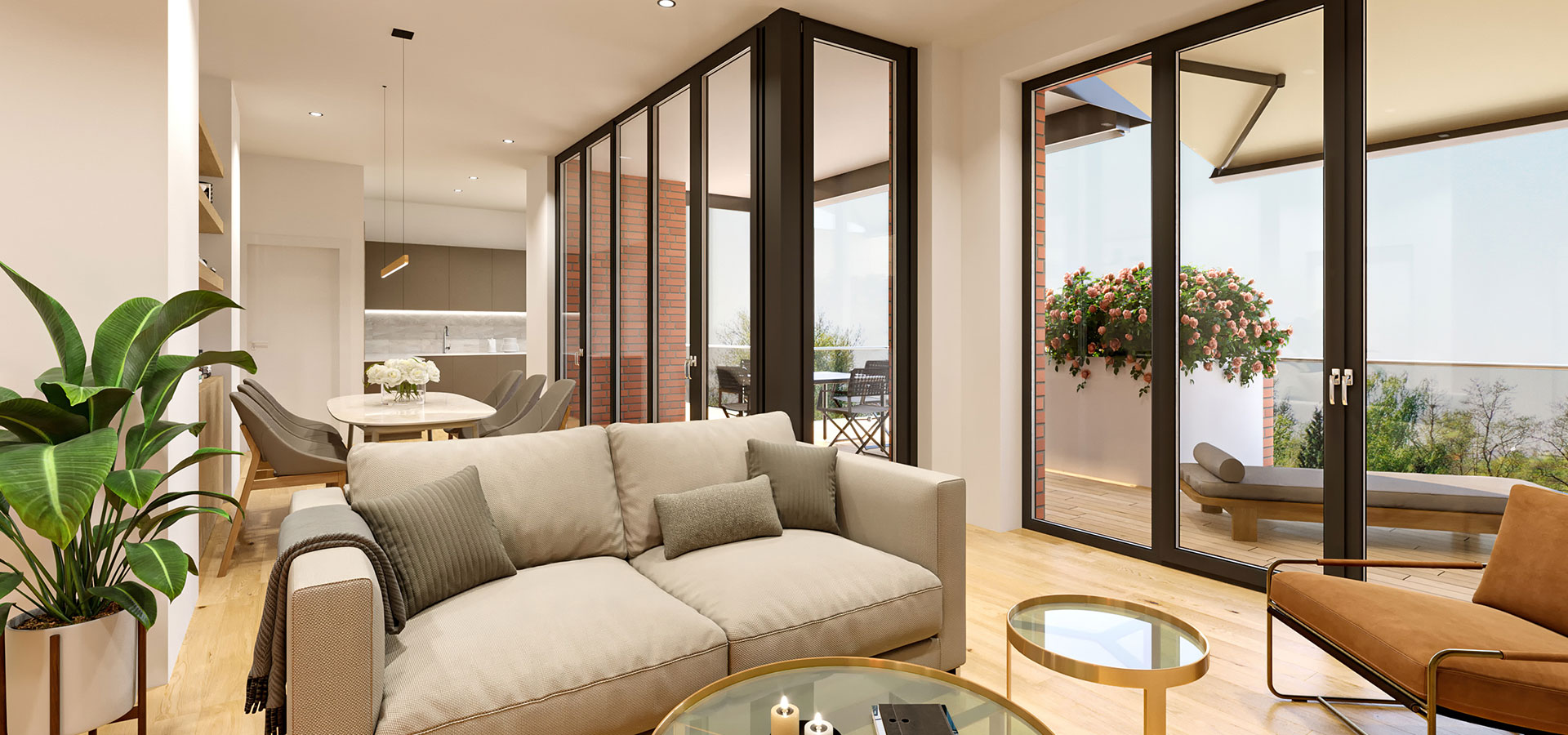 CASA SOLARE | Visualisierung Wohnbereich mit hochwertigen Möbeln und Blick auf Dachterrasse und ins Grüne