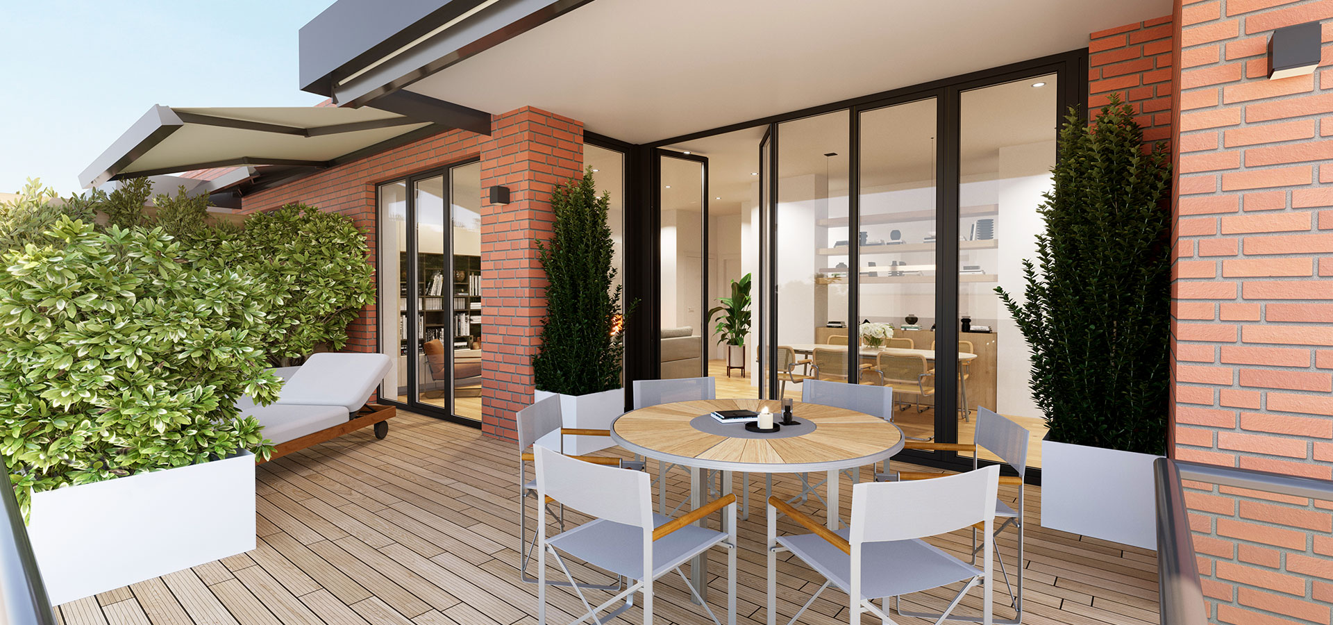 CASA SOLARE | Visualisierung der großen Dachterrasse des Penthaus mit hochwertigen Möbeln und Blick ins Innere der Wohnung